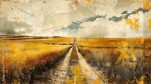 Collage with a B&W photo of Midwest prairies, enhanced by golden yellow and earthy greens, capturing the essence of vast farmlands under open skies.

 photo