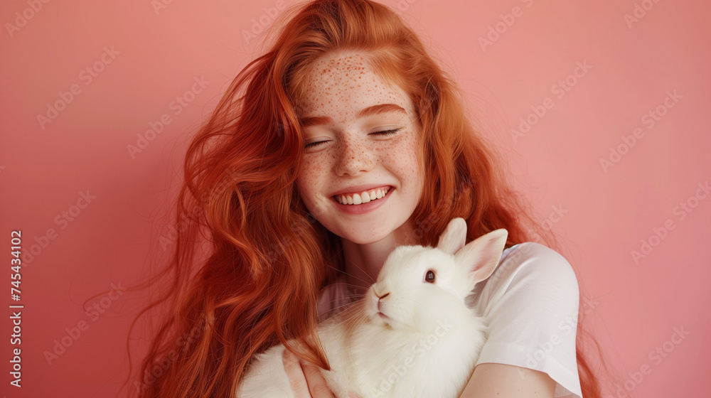 Adorable Red-Haired Woman with Rabbit - Closeup Portrait Adorable Red-Haired Woman with Rabbit - Closeup Portrait