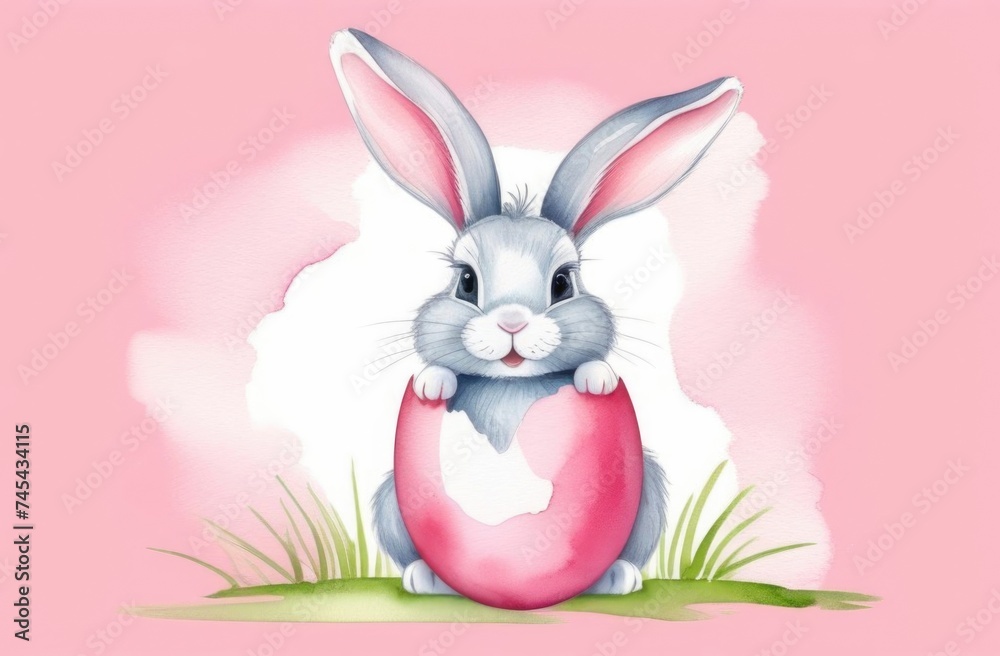 Happy Easter banner with cute Easter bunny hatching from pink Easter egg on pastel pink background. Illustration of Easter rabbit sitting in cracked eggshell. Happy Easter greeting card. Copy space.
