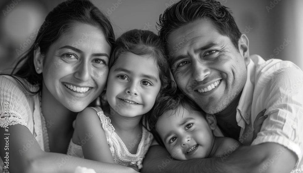 portrait of smiling family in black and white portrait of smiling family in black and white