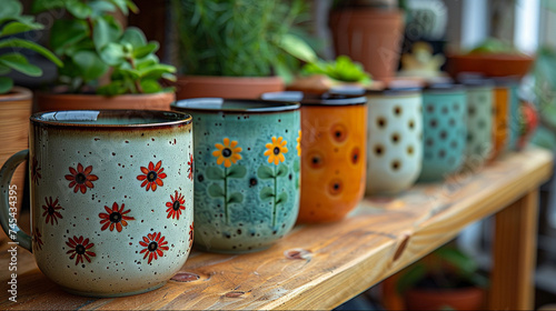 Retro floral cups near the plant on wooden shelf. photo