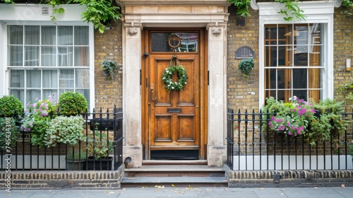 A picturesque view of a beautiful house exterior and its front door along a street