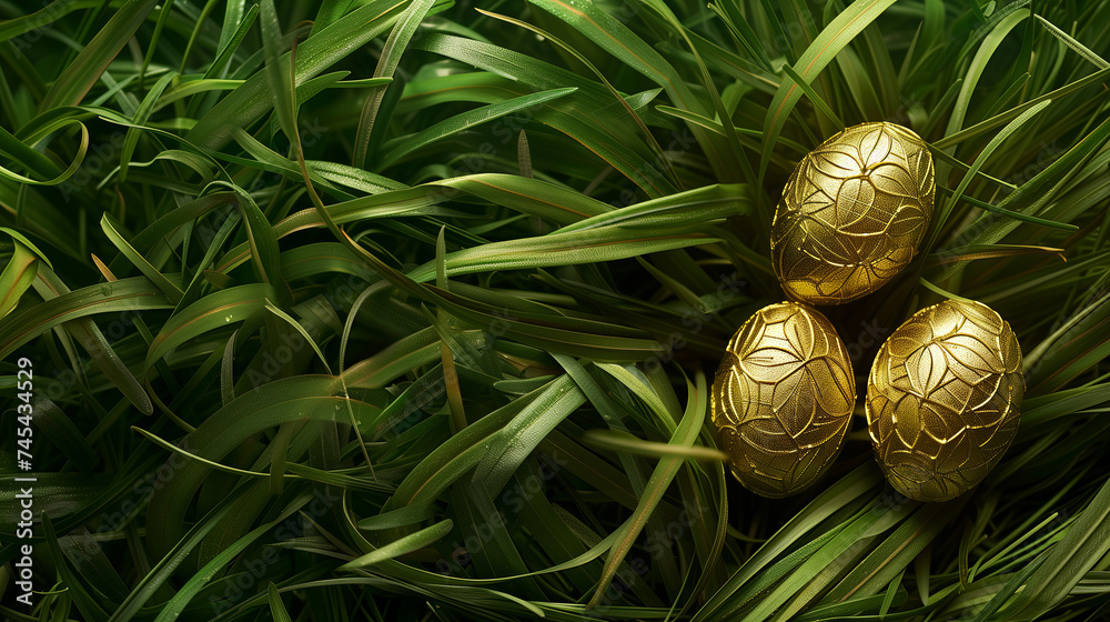 Golden Easter Eggs Hidden Amongst Lush Green Blades of Grass Golden Easter Eggs Hidden Amongst Lush Green Blades of Grass