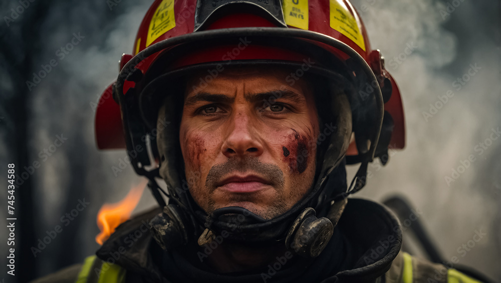 Portrait of a serious male firefighter smoke