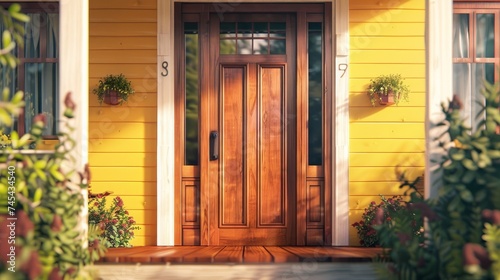 A wide horizontal shot capturing the front view of a wooden front door on a yellow house. The image includes reflections in the window  showcasing a view of the porch and front walkway