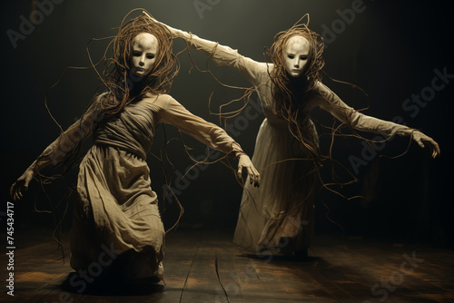 Surreal image of Marionettes with twisted limbs and hollow eyes dance in a malevolent choreography. AI Generative. © martinez80