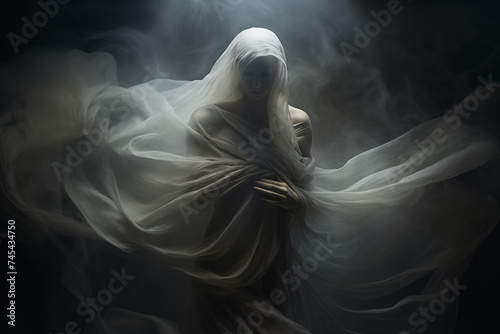 Spectral muse, draped in ephemeral veils, reaches out from the shadows. AI Generative.