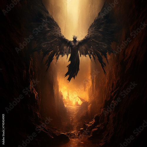 Dark Angel descends to the earthly realm, landing in a forsaken cave. AI Generative.
