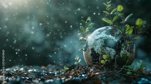 A globe with a plant growing out of it, showcasing the symbiotic relationship between ecology and growth. The concept of environmental protection. Copy space.