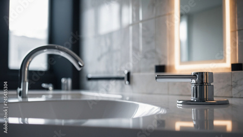 Elegant washbasin on light countertop in a modern luxury bathroom  black and white tones 