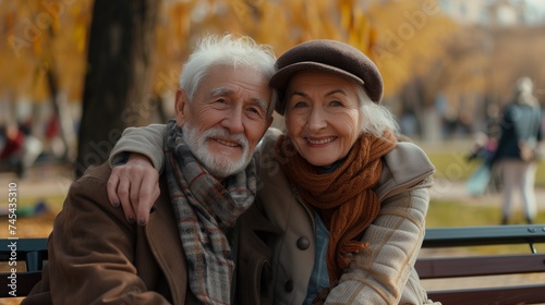 A happy elderly couple enjoys the outdoors in their favorite park.