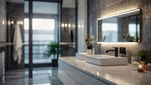 Modern luxury black bathroom 3d render,The room has black tile floor and black mosaic wall, a clear glass shower partition,There are large windows nature light shining in to the room © anandart