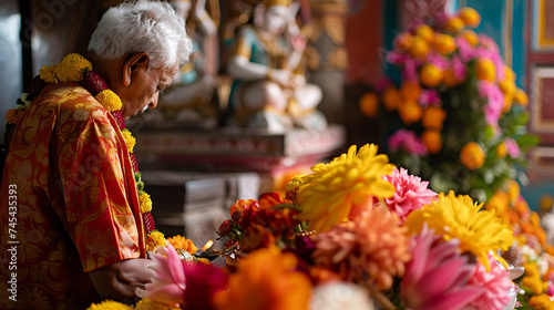 Um sacerdote hindu realizando um ritual de fogo em um templo ao ar livre com guirlandas de flores e incenso