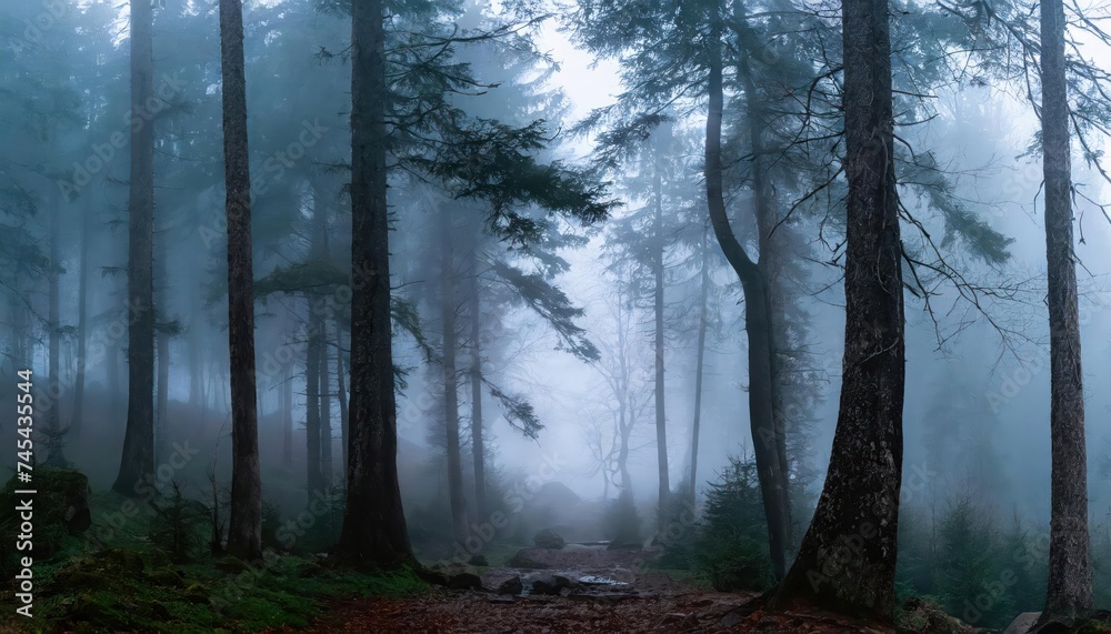 Fototapeta premium Panorama of foggy forest. Fairy tale spooky looking woods in a misty day. Cold foggy morning