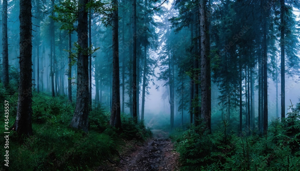 Fototapeta premium Panorama of foggy forest. Fairy tale spooky looking woods in a misty day. Cold foggy morning