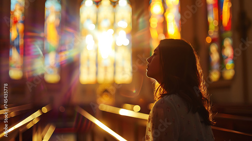 Momento sereno de uma mulher em oração no altar da igreja iluminado pela suave luz natural através das janelas vitrais