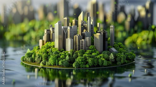 A conceptual mini-city with skyscrapers surrounded by dense forest, illustrating urban sustainability. Model of the city of the future. © keystoker
