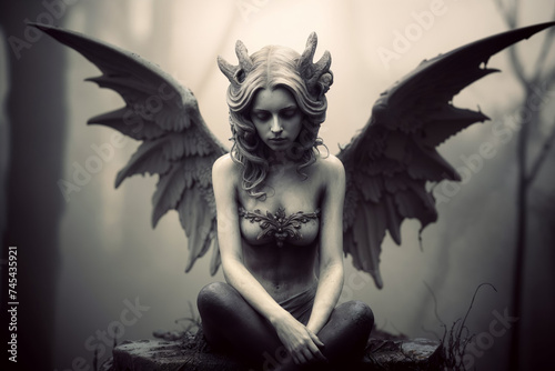 Sepia toned tintype portrait of a succubus wailing in sorrow, eyes closed with sadness looking down defeated, damaged wings spread wide open in a foggy forest with dead trees. photo
