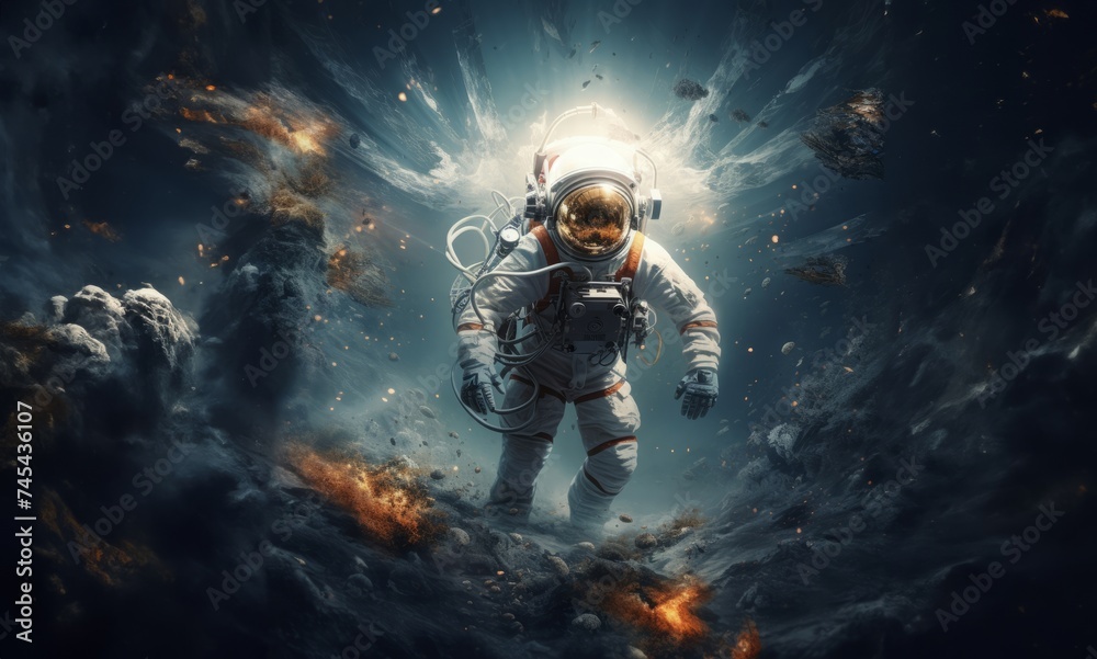 an astronaut and their team exploring mysterious and adventurous locations in space, embarking on a cosmic journey to uncover the wonders and mysteries of the universe.Generated image