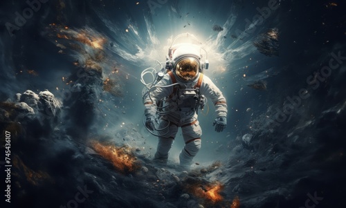 an astronaut and their team exploring mysterious and adventurous locations in space, embarking on a cosmic journey to uncover the wonders and mysteries of the universe.Generated image