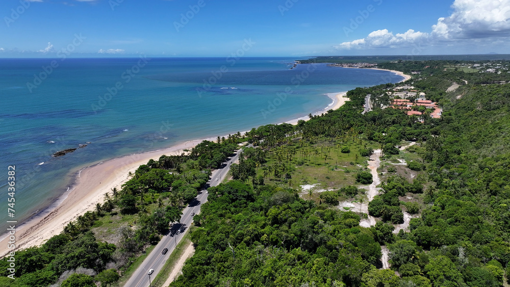 Fototapeta premium Curuipe Beach In Porto Seguro Bahia Brazil. Idyllic Beach. Nature Landscape. Bahia Brazil. Tourism Background. Curuipe Beach In Porto Seguro Bahia Brazil. Peaceful Scenery Of Tourism.