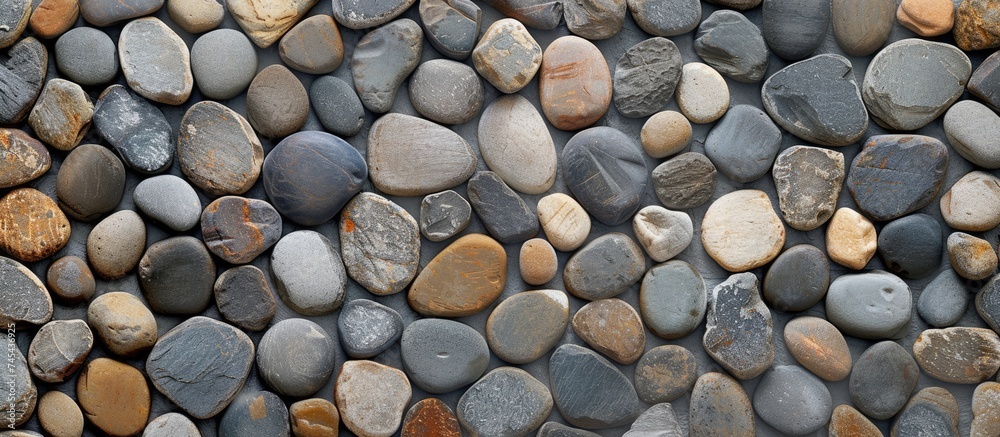 This close-up view shows a textured rock wall constructed entirely of small gray and brown stones or pebbles. The rocks are tightly packed together, creating a sturdy and durable structure. This close-up view shows a textured rock wall constructed entirely of small gray and brown stones or pebbles. The rocks are tightly packed together, creating a sturdy and durable structure.