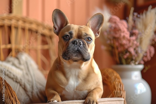 A dog of the French bulldog breed lies on the sofa and looks directly against the background of a bouquet of flowers in a vase on a blurred background