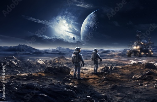 A group of modern astronauts is depicted exploring the hazardous surface of the moon in outer space, showcasing the daring mission of discovery and adventure in lunar exploration.Generated image