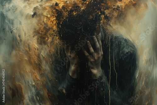 A man who has experienced grief and depression holds his face with his hands. Concept of depressive experiences photo