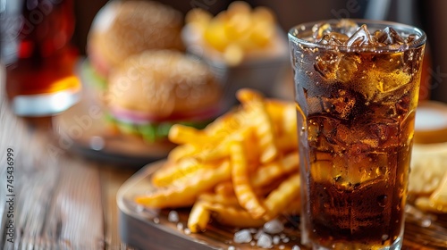 The fast food and unhealthy eating concept is captured through a close-up view of fast food snacks and a cola drink arranged on a wooden table.