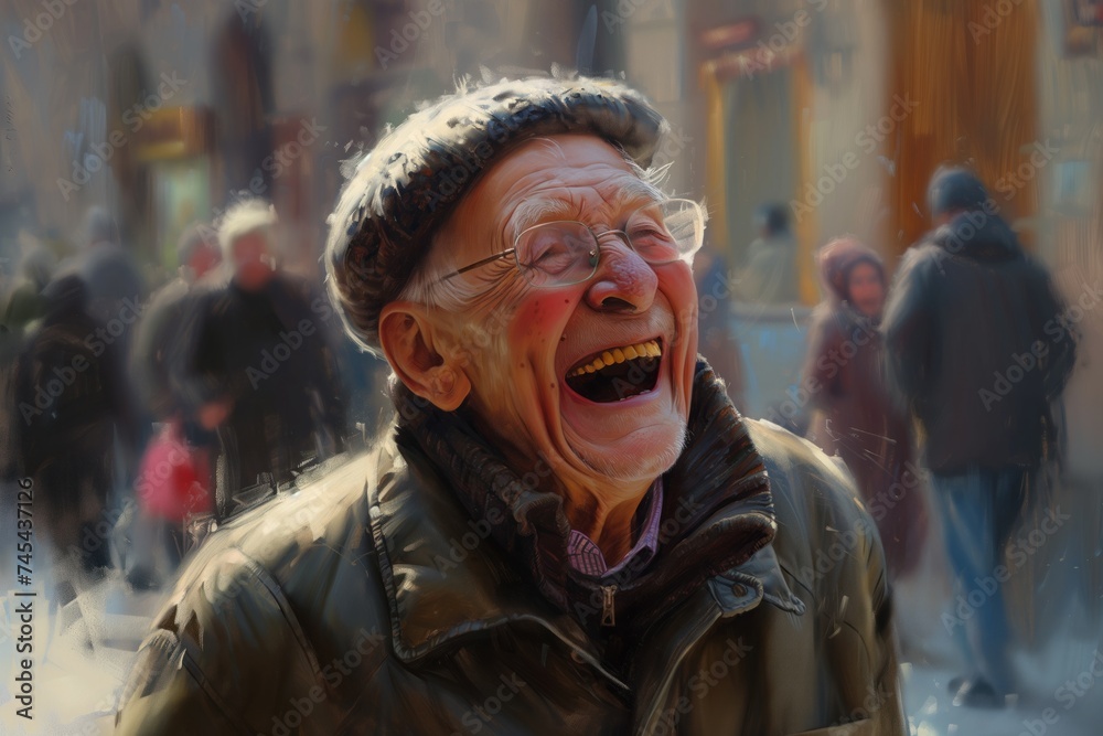 An elderly Russian man, dressed in Soviet style, laughs in the middle of a busy city street