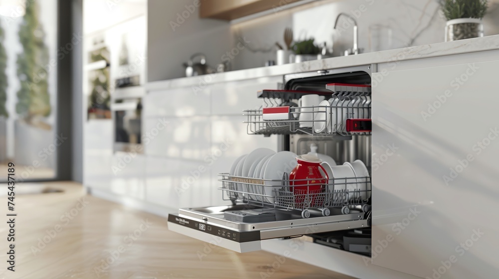An open dishwasher reveals sparkling clean dishes neatly arranged within, set against the backdrop of a pristine white kitchen. This scene exemplifies efficiency and cleanliness in the home - obrazy, fototapety, plakaty 