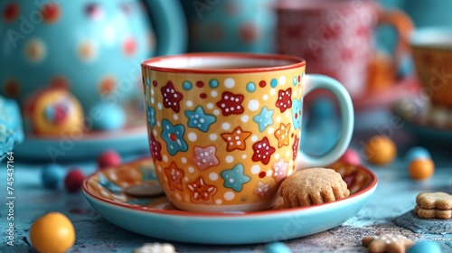 Kid's decorated bright mug with a hot beverage and cookie on a vibrant saucer. Concept of kid-friendly tableware, playful snack time, children's breakfast, joyful design.