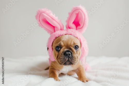 Cute French bulldog puppy with pink Easter bunny ears on, posing while lying on a soft blanket. Easter concept