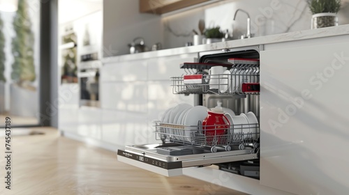 An open dishwasher reveals sparkling clean dishes neatly arranged within, set against the backdrop of a pristine white kitchen. This scene exemplifies efficiency and cleanliness in the home