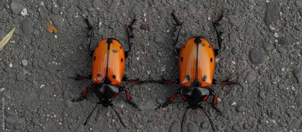 Two orange bugs, one dead and one alive, identified as fire beetles, are sitting on top of a road. The image captures the contrast between the motionless deceased bug and the active bug. Two orange bugs, one dead and one alive, identified as fire beetles, are sitting on top of a road. The image captures the contrast between the motionless deceased bug and the active bug.