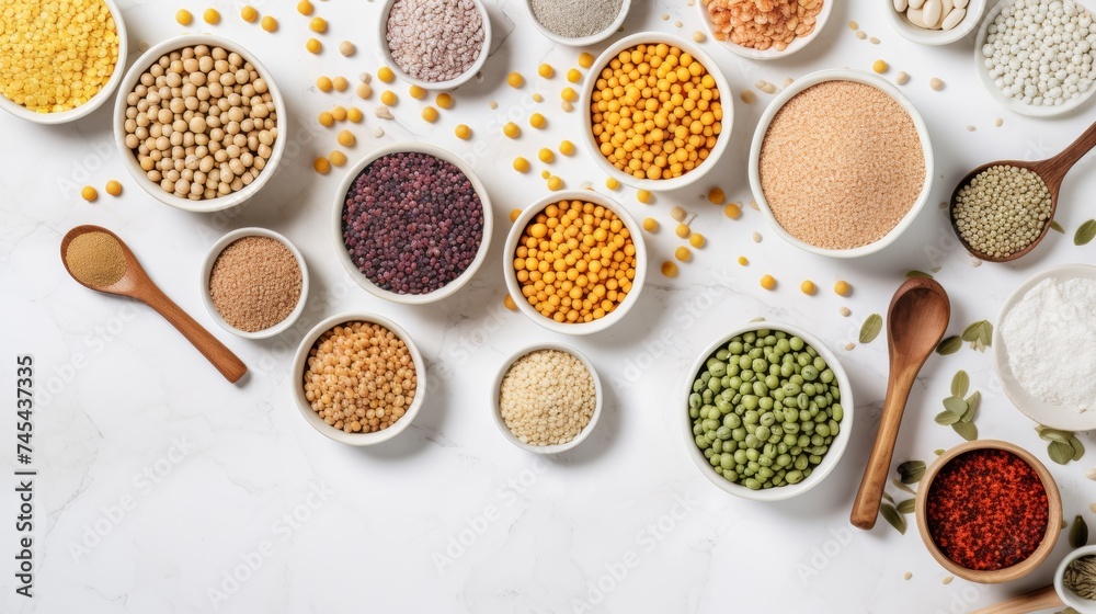 Fototapeta premium Variety of legumes and grains in bowls on white marble. Top view. Background. Copy space. Concept of vegetarian protein sources, healthy eating, and dietary diversity.