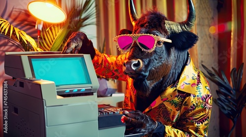 Buffalo wearing 70s disco outfit, using a photocopier at a party, pop art meets office equipment photo