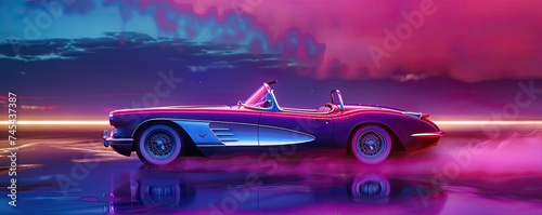 Bunny's holiday journey in a neon-drenched, classic sports car, capturing the essence of retro nightlife and freedom photo