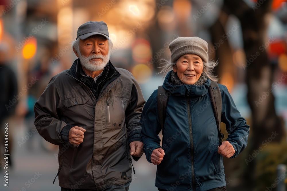Active gray-haired Asian pensioners man and woman jogging with backpacks around the city in early spring