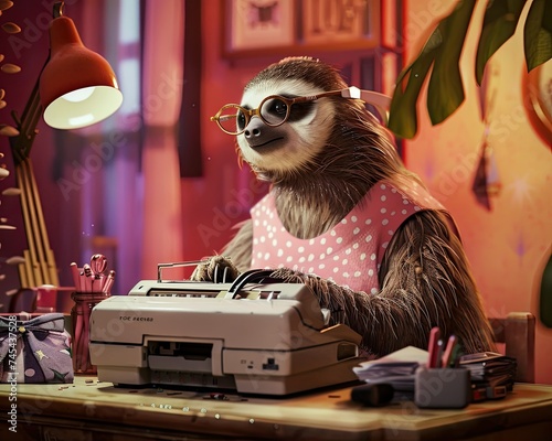 Sloth as a 90s secretary, typing and photocopying, wearing glasses and a polka-dot dress, retro charm photo