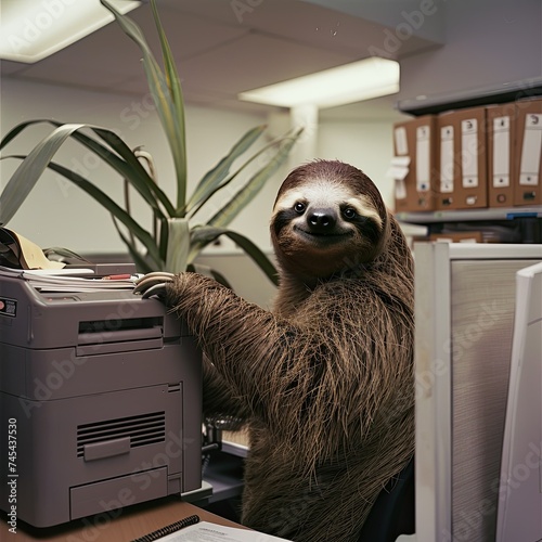 Sloth as a 90s office intern, tasked with photocopying, comic relief in a sea of cubicles, retro fun
