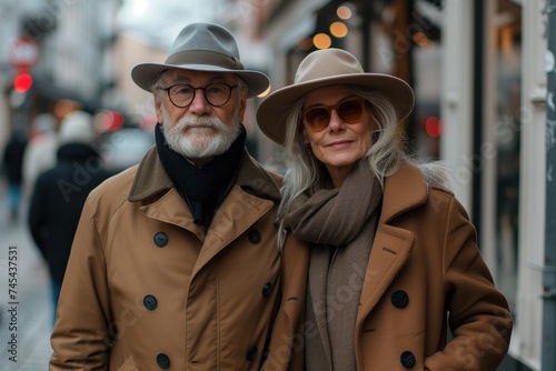 Stylish middle-aged couple with gray hair, wearing polo hats and glasses walking around the city