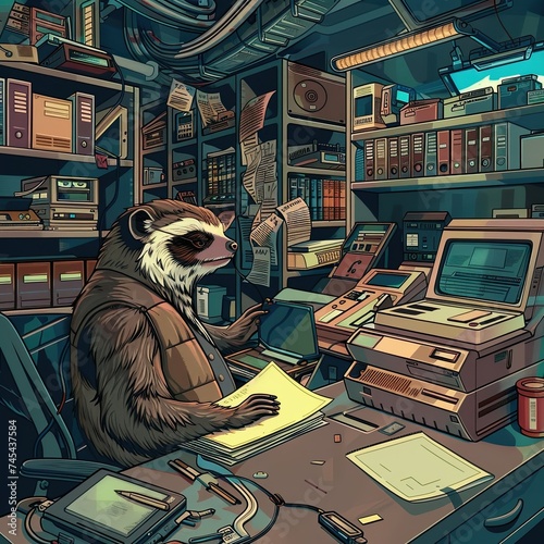 90s office scene, sloth in a shoulder-padded suit, making copies, surrounded by old tech and floppy disks photo