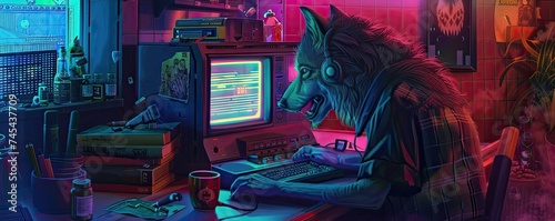 A werewolf in a cloak of invisibility hacks into a retro computer using magic, surrounded by potions and old tech