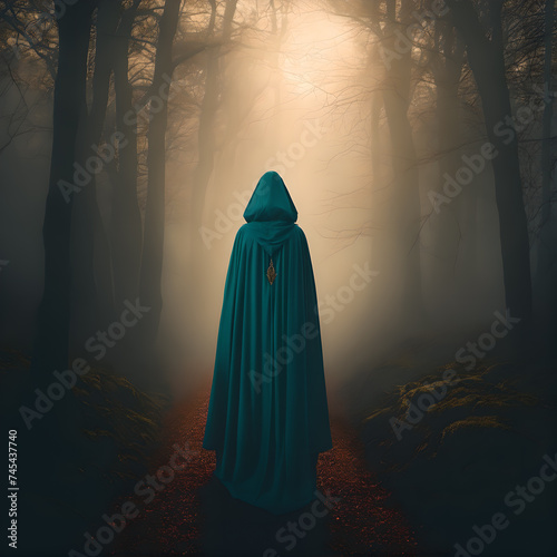 a mysterious fantasy woman in a cloak in the woods in a foggy evening 