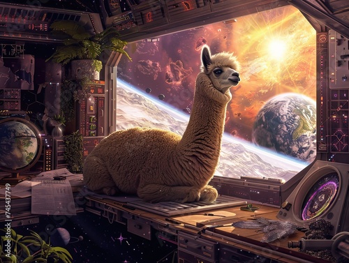 Alpaca defying gravity, surrounded by technological relics and sheets of cosmic research, Earth and its sunbeams in the tranquil expanse photo