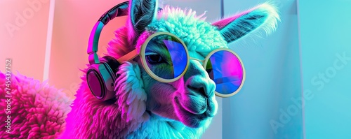Alpaca DJ in round sunglasses, pastel pop art disco, vibrant party atmosphere, cool and collected