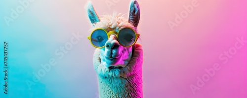 Alpaca DJ in round sunglasses, pastel pop art disco, vibrant party atmosphere, cool and collected photo