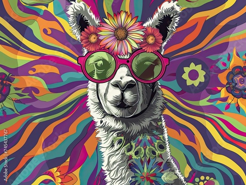 Alpaca hippy in oversized sunglasses, flower crown, boho chic, amidst a swirl of retro pop art patterns photo